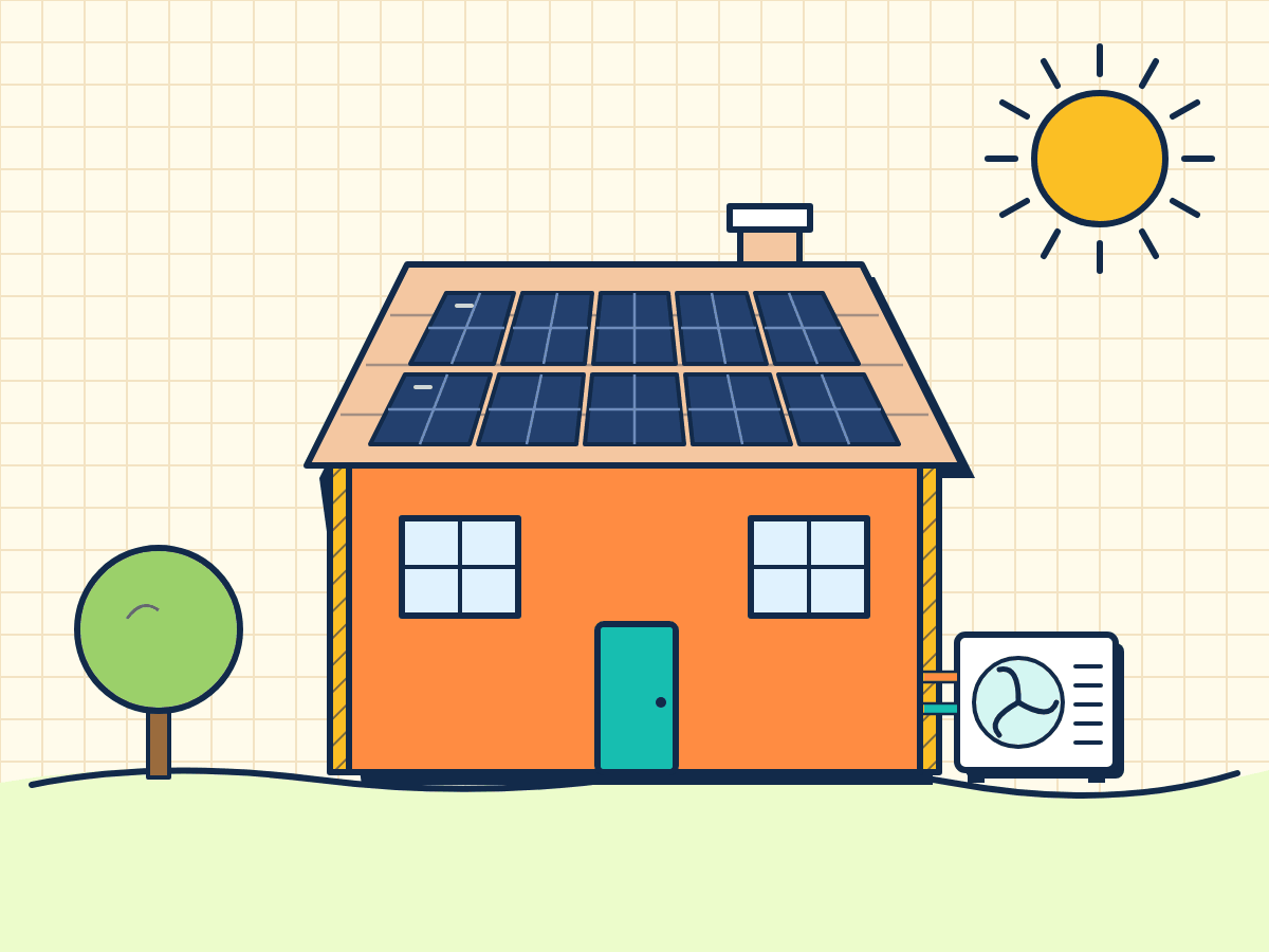 Maison équipée de panneaux solaires et d'une pompe à chaleur, murs isolés